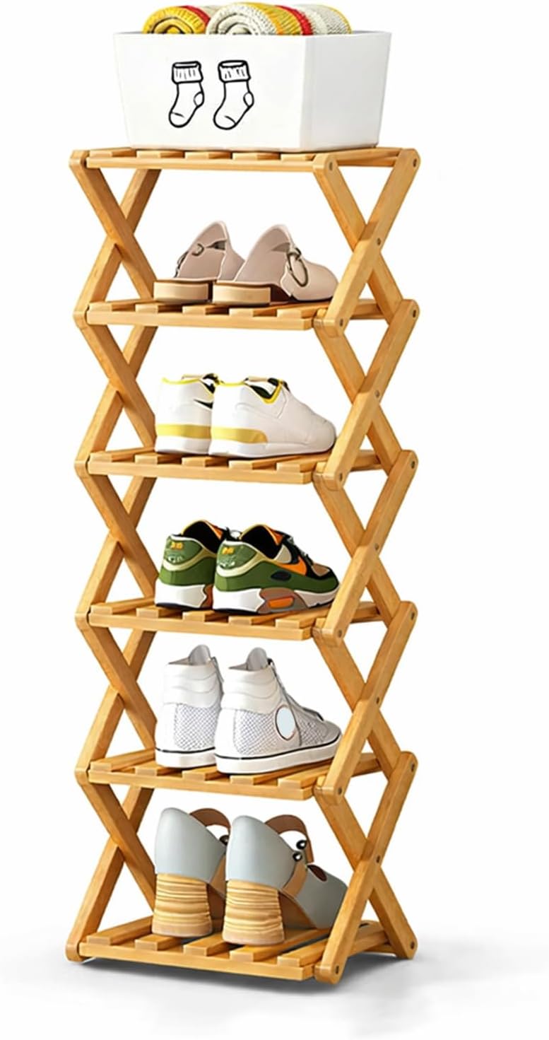 Bamboo Foldable Narrow Shoe Rack, The 9-Tier Bamboo Rack: 3-Tier, 6-Tier, and 9-Layers No-Assembly Storage Solution! Vertical Shoe Organizer Tall for Small Spaces Entryway Bedroom (Nature, 6 Tier)