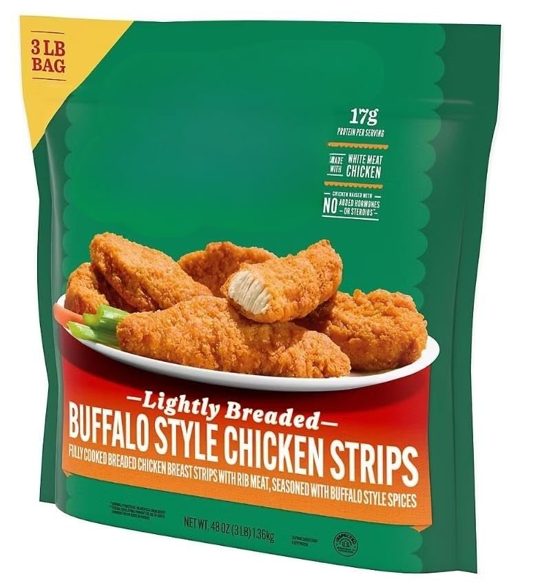 Buffalo Style Chicken Strips. Bite into fully cooked breaded chicken breast with rib meat. , and already in strips. lightly breaded Buffalo style is made with 100% all natural* chicken with no added hormones or steroids.** With 17 grams of protein per serving, Are a great way to add protein to your dishes. [ 48 oz , 3 lb ]