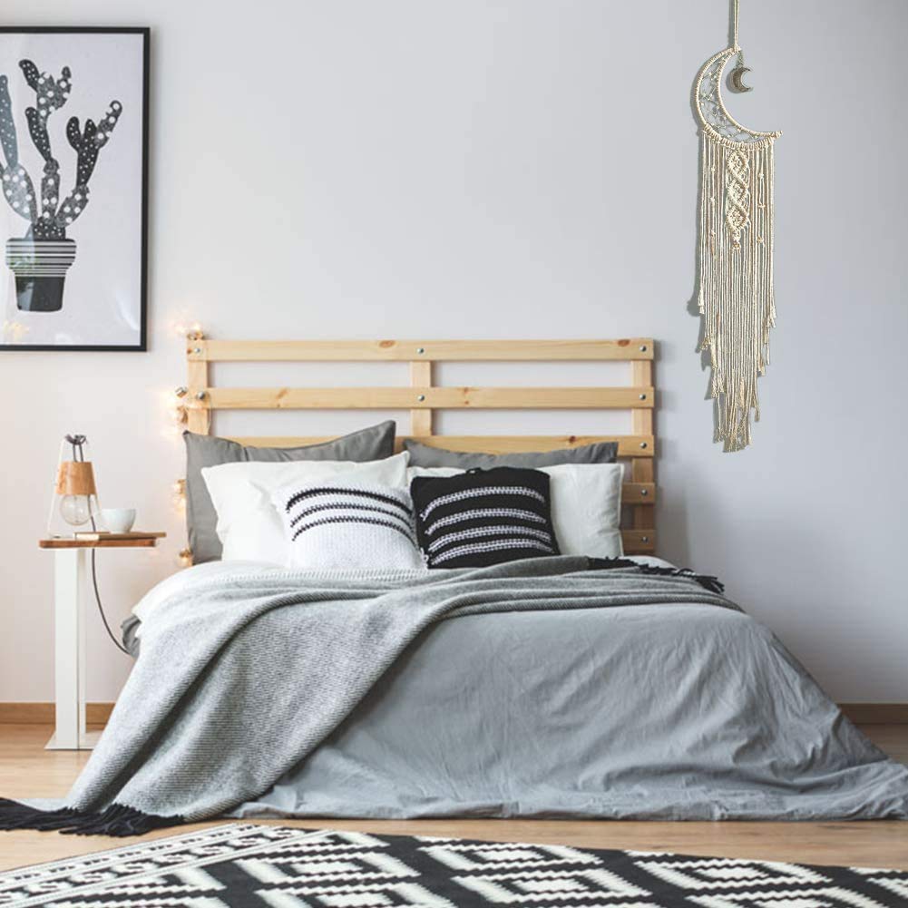 Set De 5 Attrape-rêdes Phases De Lune - Décoration Murale Bohème, Macramé, Coton, Plumes
