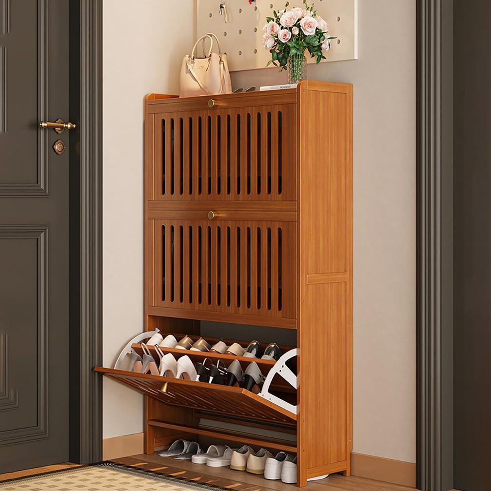 WYRNOBRX Ultra-Slim Flip-Top Shoe Cabinet Multi-Tier Narrow Storage Cabinet with 3 Flip Drawers, Large-Capacity Zapatos Hidden Shoe Rack, Modern Organizer for Entryway,Natural/A,L50*H120*W24