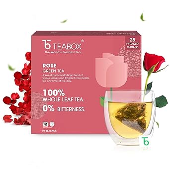 Teabox Rose Green Tea Bags 25 Pieces | Refreshing & Aromatic | Made with Whole Leaf & Natural Rose Petals - image, photos