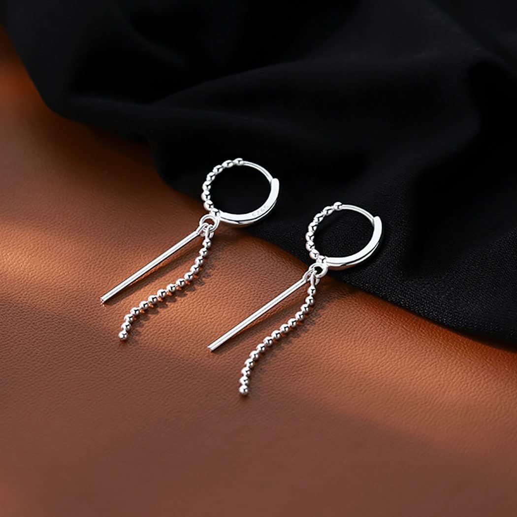 SLUYNZ 925 Sterling Silver Bead Ball Hoop Earrings for Women Teens Minimalist Bar Hoop Earrings Dangle