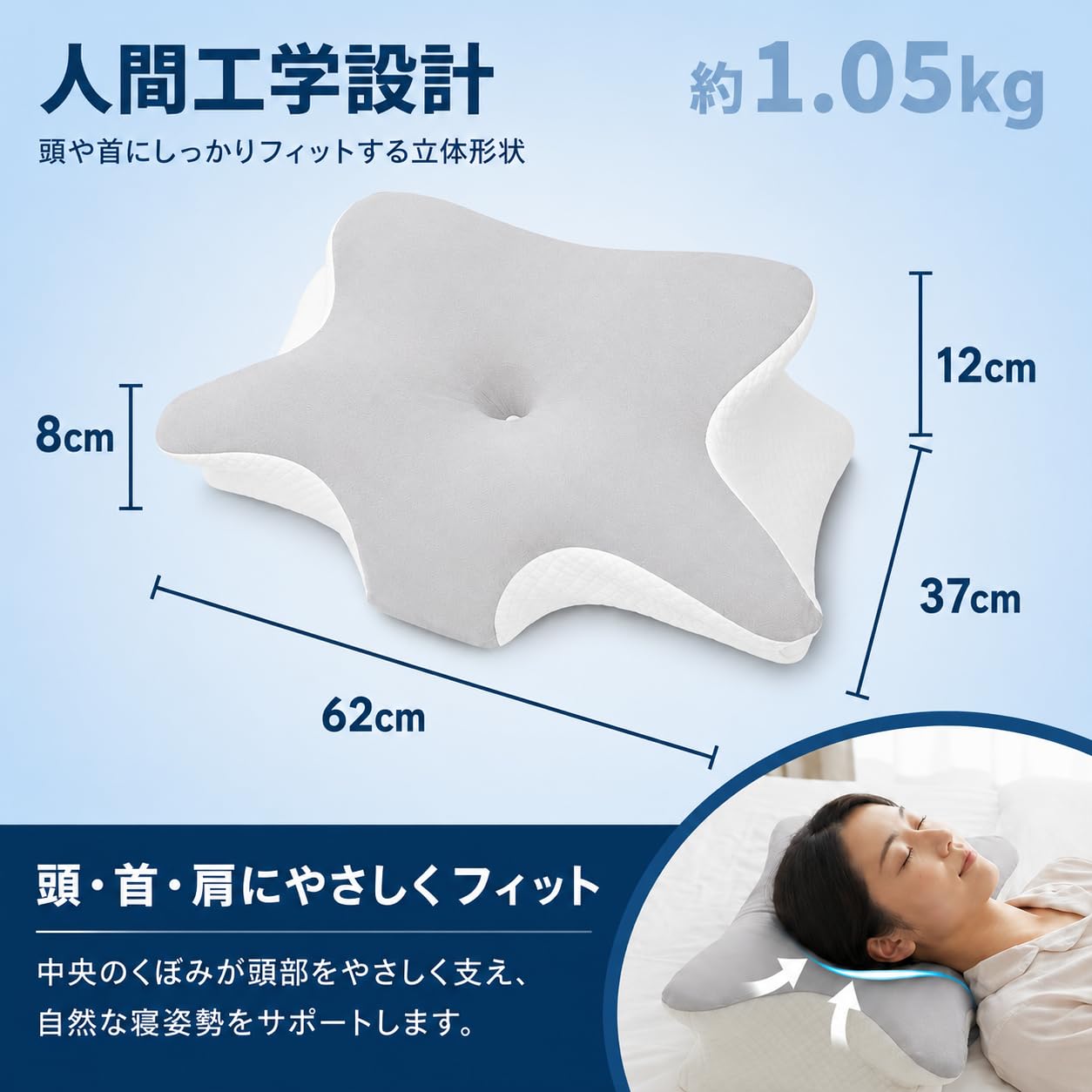 Amazon｜低反発枕 メモリーフォーム 立体バタフライ形状 高さ2段階 8cm