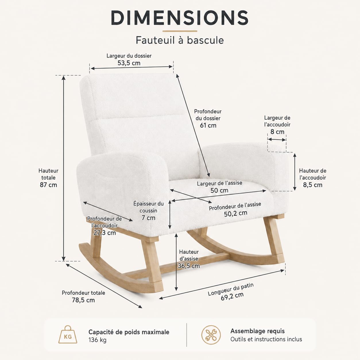 Fauteuil à Bascule en Tissu Teddy, Fauteuil d'allaitement avec Dossier Haut, Accoudoirs Rembourrés, Poches Latérales et Patins Antidérapants pour Salon, Chambre, Bureau, 69.2x78.5x87cm, Blanc