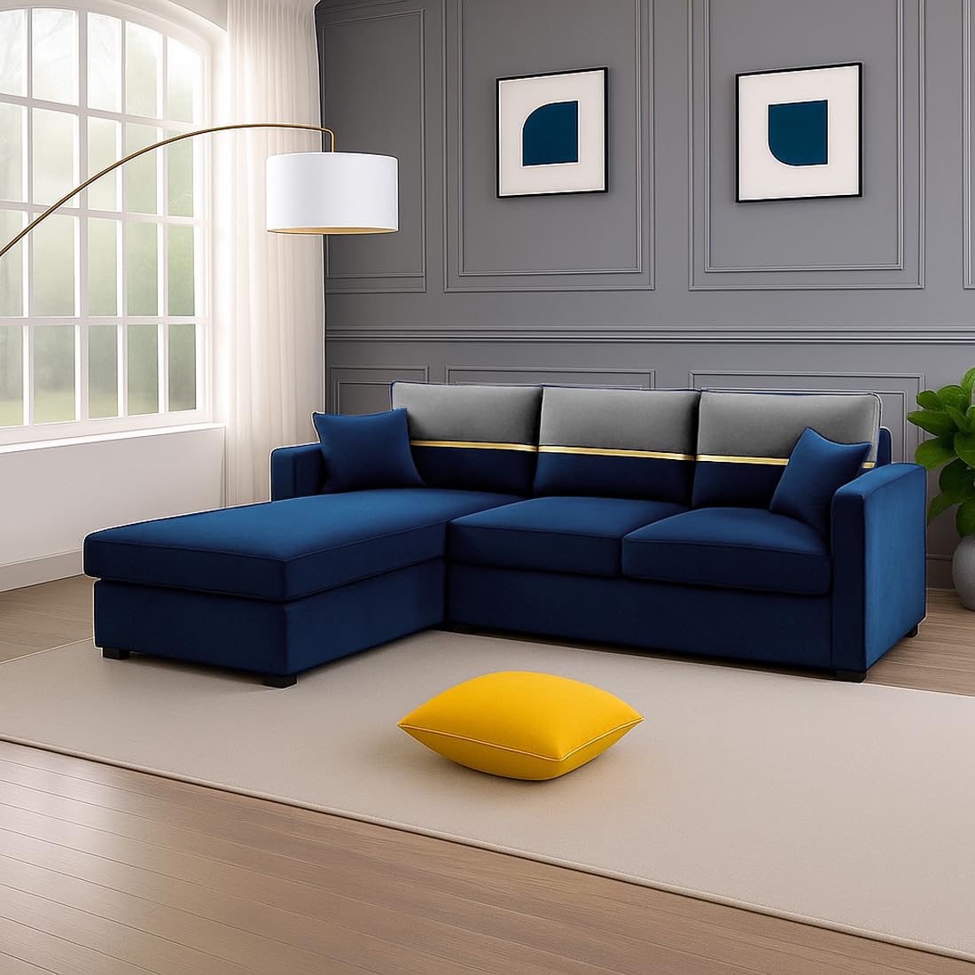 FURNY Arnoy 4 Seater Fabric LHS L Shape Sofa Set (Blue) | Premium Velvet Finish | Ideal of Living Room FURNY Arnoy 4 Seater Fabric LHS L Shape Sofa Set (Blue) | Premium Velvet Finish | Ideal of Living Room