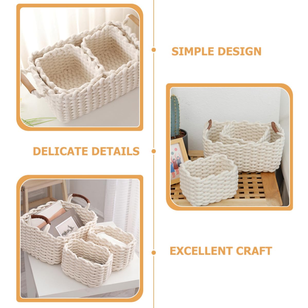 Cesta Portaoggetti Intrecciata in Corda di Cotone Bianca, Set 3 Pezzi | Manico in Cuoio, per Casa e Scaffale, Formato Piccolo e Grande, Adatta a Oggetti Vari