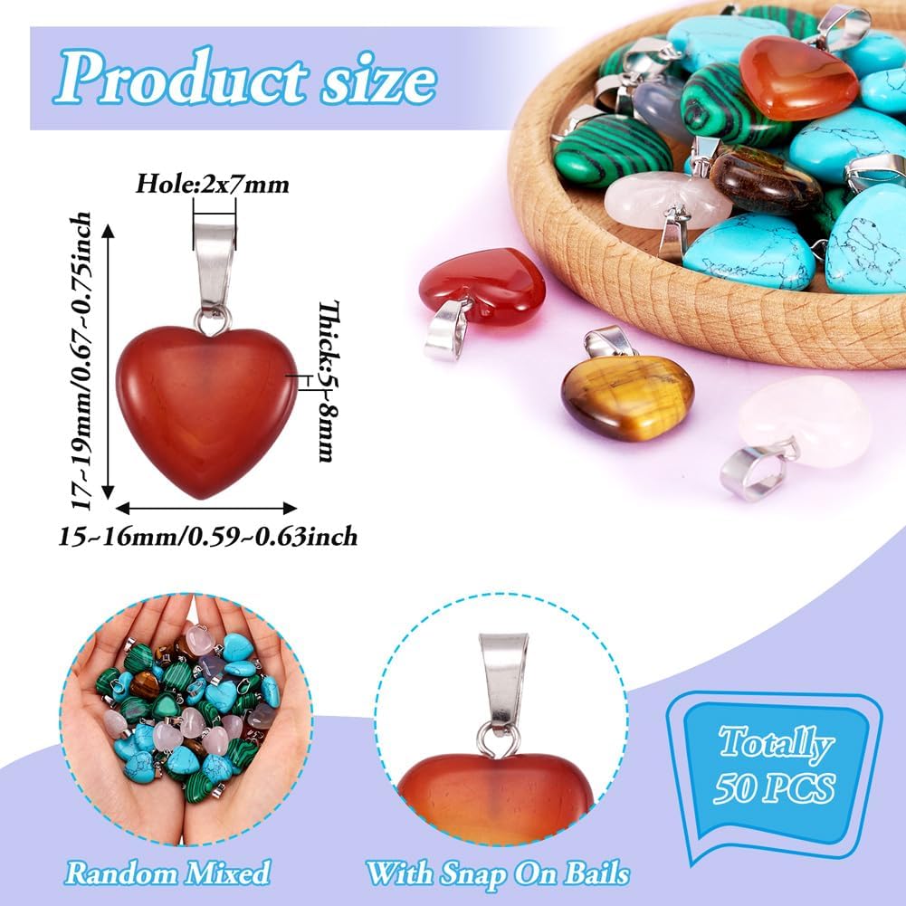 50pcs Heart Shaped Stone Pendants Healing Chakra Crystal Gemstone Rock Charms Random Mixed Bulk for Valentine's Day Gift Jewelry Making Hole: 2x7mm