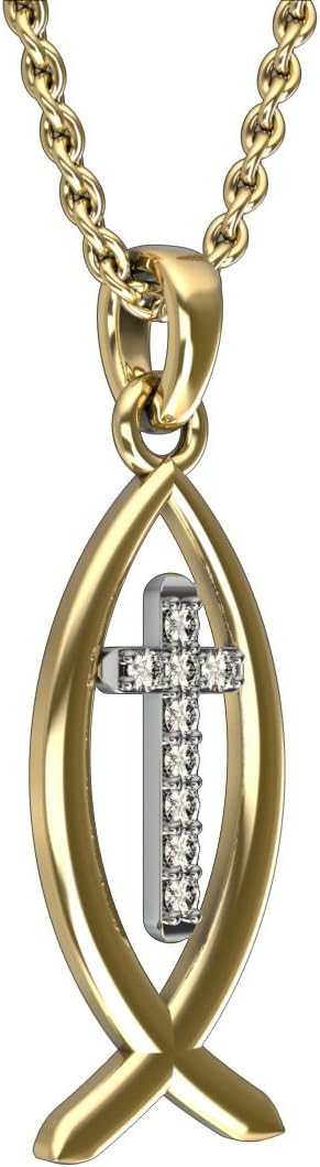 JEWELS FORUM 10K Gold Ichthus Christian Fish Pendant with 0.09 Ct Diamonds