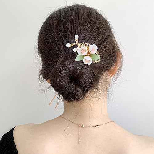 Miniatura 3 de inSowni 5 piezas vintage retro tradicional asiático chino Hanfu perla verde jade flor de pelo peines laterales diapositivas de metal horquillas