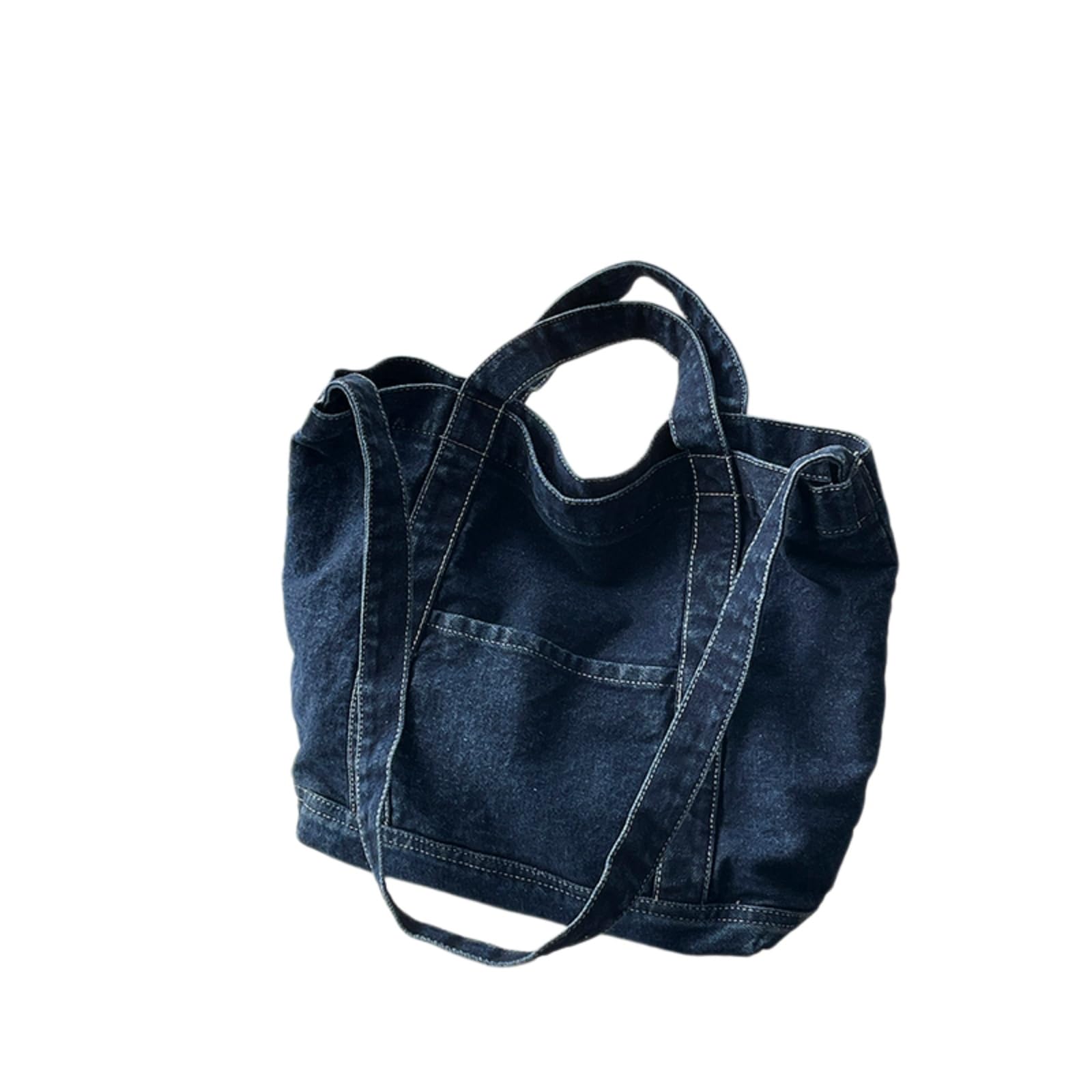 Beauty Case Borsa da Donna in Denim, A Spalla Casual con Doppie Maniglie E Tasca Anteriore per I Pendoli Giornalieri-Dark Blue