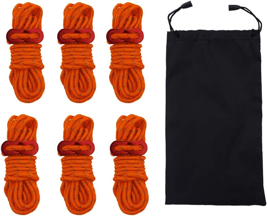 6 Pack Reflective Tent Ropes with Aluminum Adjusters – 4mm x 4m Camping Kit