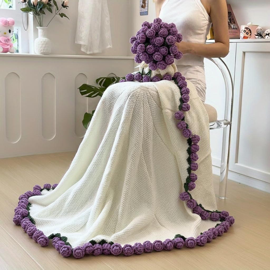 Coperta Bouquet di Fiori, Plaid con Fiori all'Uncinetto Finita, Coperta con Decorazione di Rose, Ideale come Regalo per Donne per San Valentino e Compleanni (Rosa - Viola, 110CM)
