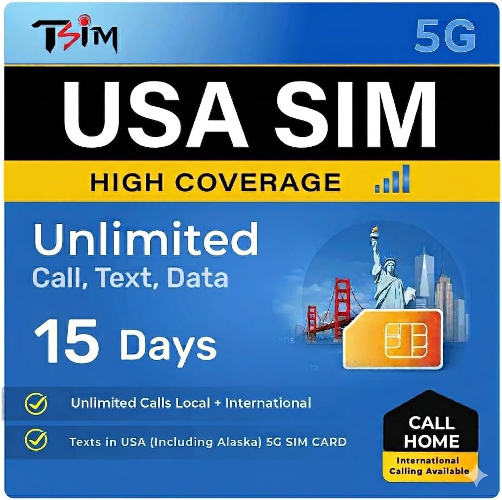 TSIM Karta SIM USA 15 dni z Call Home | Wysoki zasięg sieci | Nieograniczone dane w sieci AT&T | Nieograniczone połączenia lokalne + międzynarodowe połączenia telefoniczne/SMS w USA (w tym Alaska) |