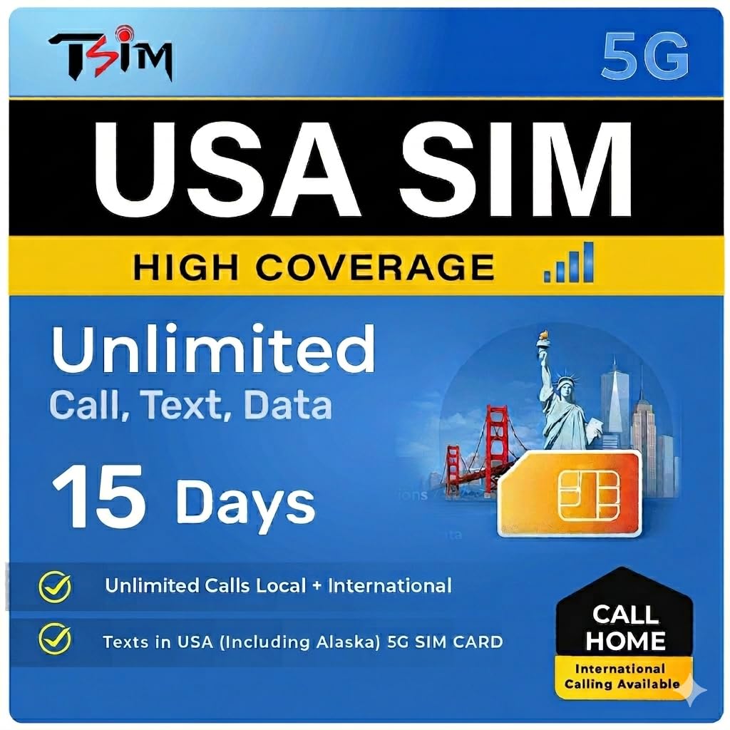 SIM USA 15 giorni con Call Home | Alta copertura di rete | Dati illimitati sulla rete | Chiamate/SMS locali + internazionali illimitati negli USA (inclusa Alaska) | SIM 5G