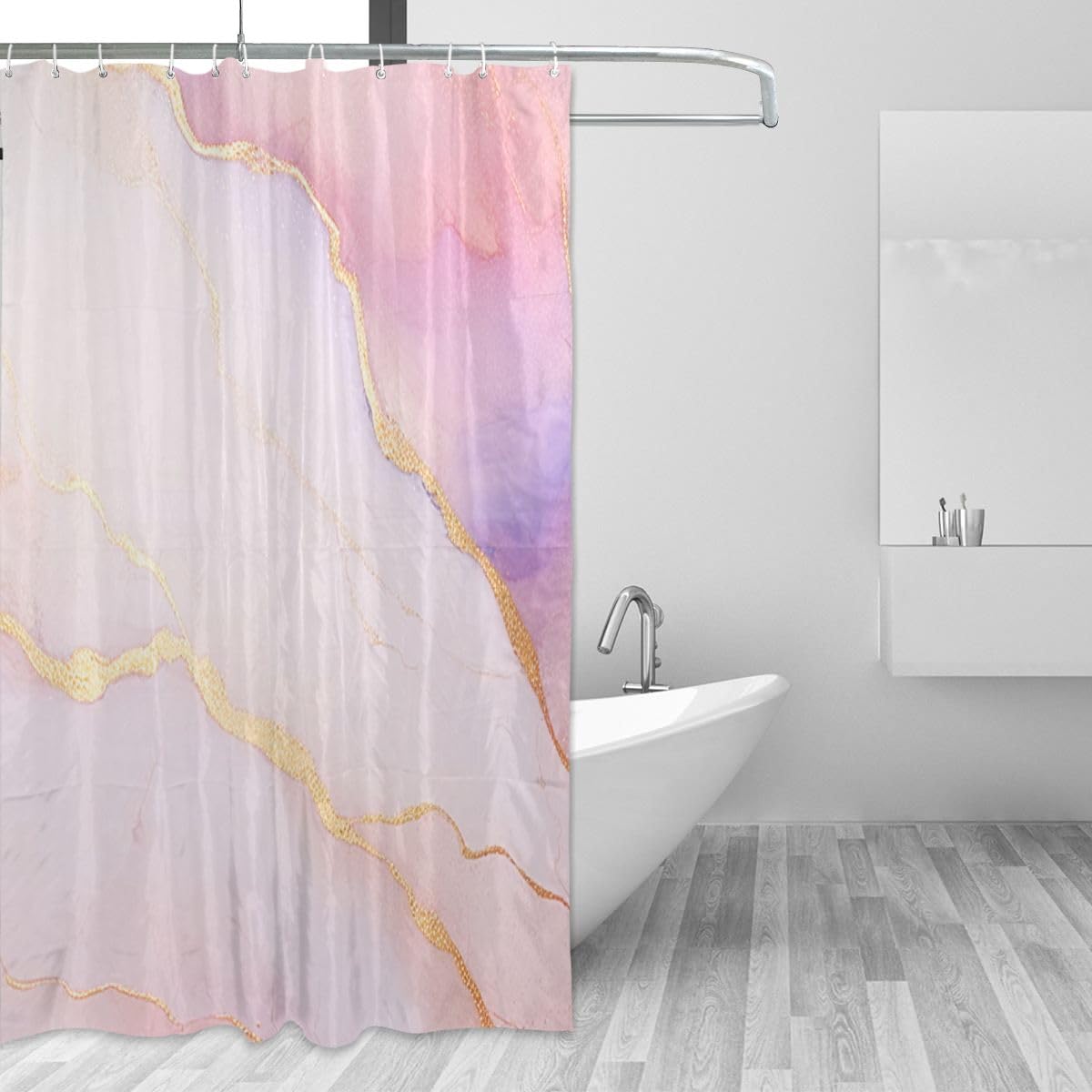Rideau de douche marbre rose fini les éclaboussures d'eau avec ce modèle lavable pour baignoire