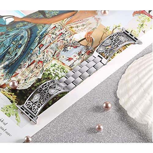 Secbolt Carved Flower Bling Bands Compatible With Apple Watch Band 38Mm 40Mm 41Mm Iwatch Series 8/7/6/5/4/3/2/1/Se, Stainless Steel Dressy Jewelry Diamond Bracelet Bangle Wristband Women, Silver #TOP1