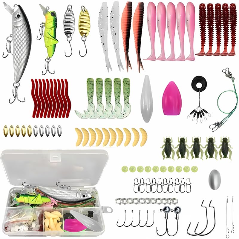 Kit de Señuelos de Pesca Spinning - Caja de Aparejos Completa con Cebos Artificiales Mixtos: Minnow, Saltamontes, Vinilos, Cucharillas y Anzuelos - Equipo de Pesca para Mar y Río (Black Ba