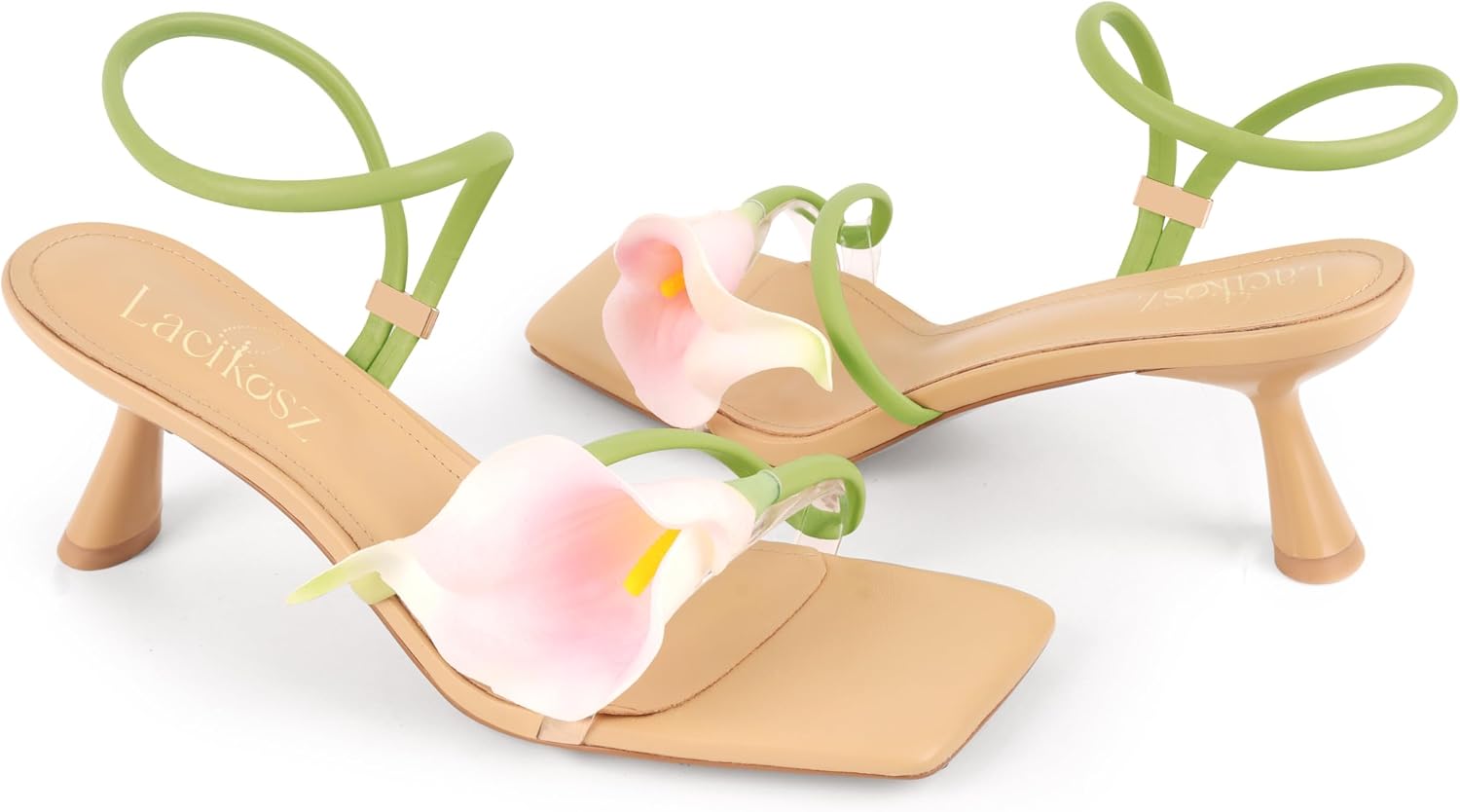 LACIKOSZ Flower Kitten Heel Sandals for Women Calla Lily Green Heels Square Open Toe Floral Strappy Low Heel Sandals Summer Dressy Wedding Shoes