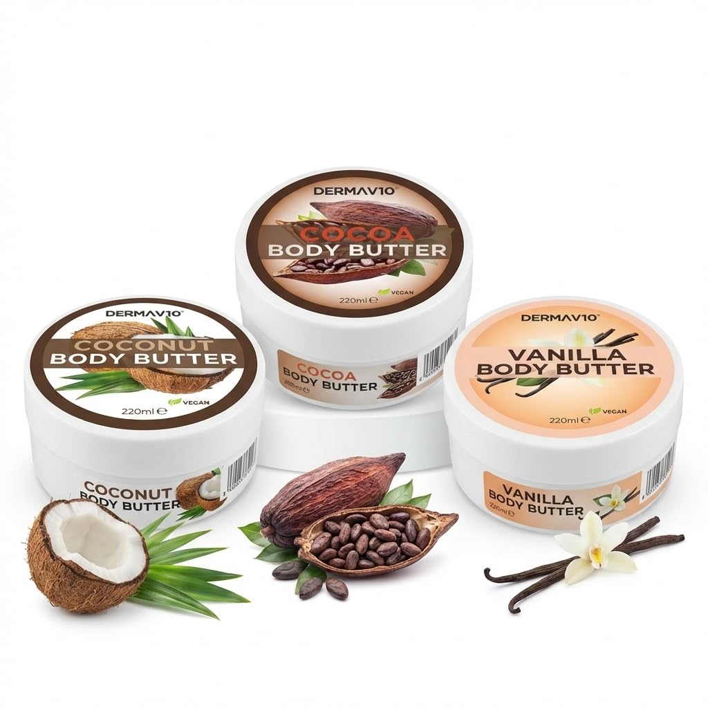 Derma V10 Body Butter 3 Pack Set - Cocoa Butter, Vanilla & Coconut Moisturiser for Dry Skin - Deep Moisturising Cream for Women & Men - Intensive Hydrating Lotion 200ml Each