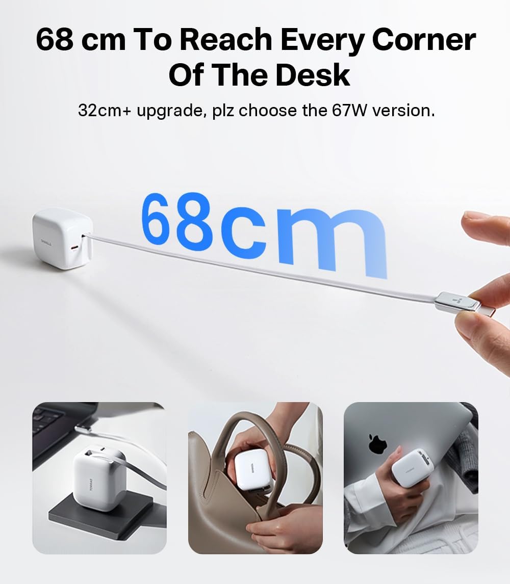 TORRAS FlexLine 40W for iPhone 17 Charger, Fast Charging Retractable USB C Charger Block with Cable, Dual-Port GaN Ⅲ Type C Adapter for iPhone 16 Pro Max/iPhone 16/iPhone 15 with Foldable Plug