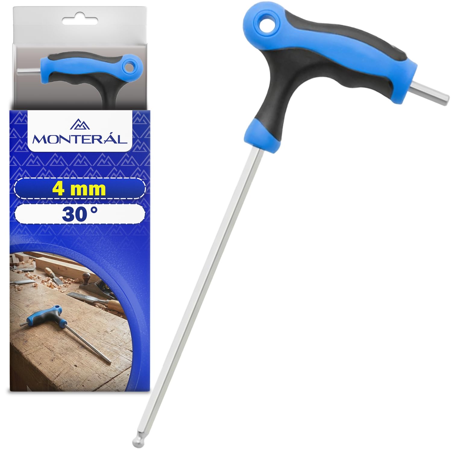 MONTERAL Llave Allen con Mango en T con Punta Esférica 4 mm - Llaves Allen Permite Trabajar en Ángulos de Hasta 30° - Laves Hexagonales está Fabricada en Acero Aleado S2