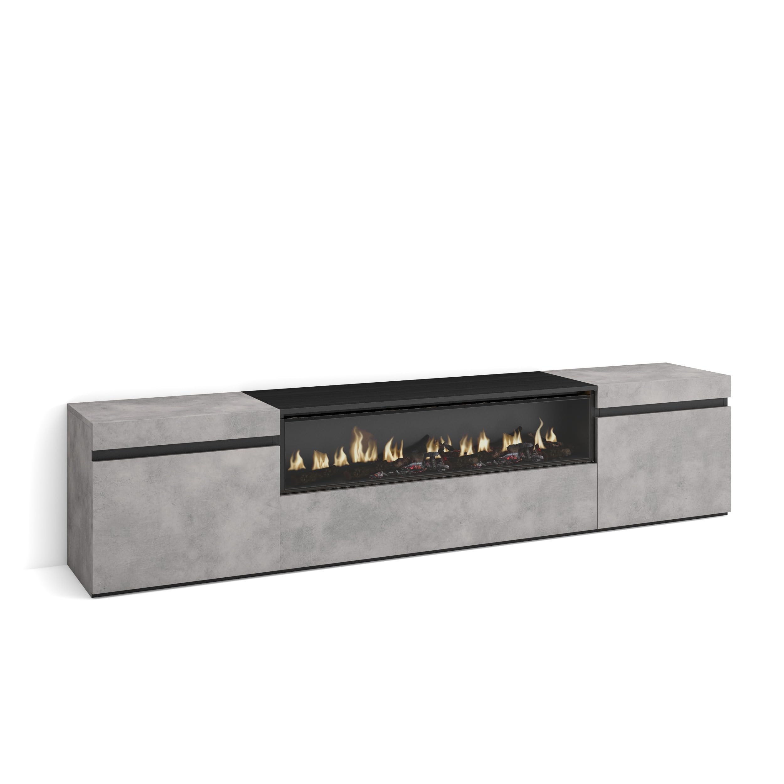 Skraut Home | TV-Schrank, Lowboard | für Wohnzimmer und Esszimmer | 200x45x35cm | Für TV-Geräte bis zu 80" | Elektrokamin. Maße | Moderner Stil | Zement