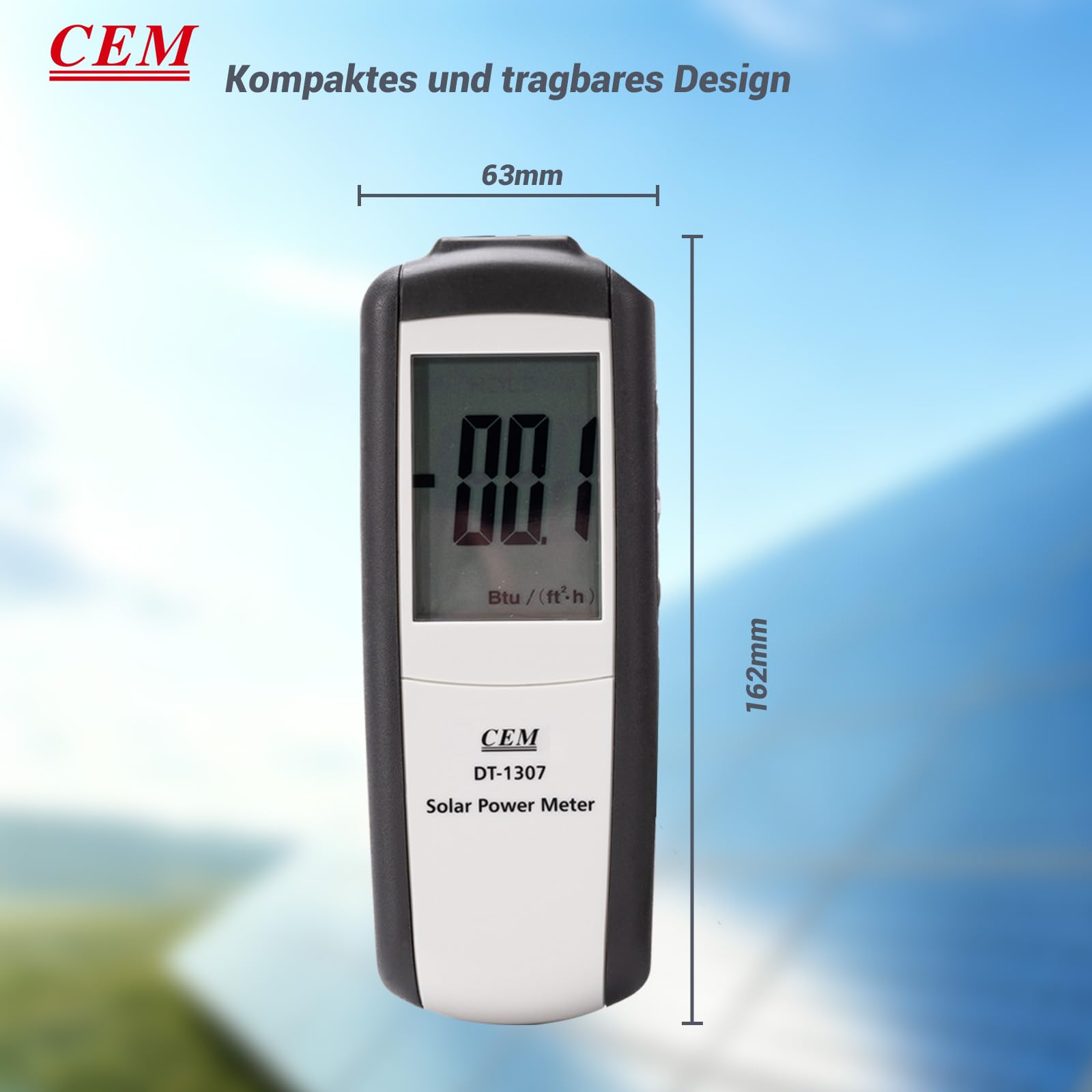 CEM DT-1307 - Misuratore di energia solare digitale, misuratore di potenza solare portatile con campo di misurazione 2000 W/m² e 634 BTU/(ft²·h), max/min, data hold, tester solare per misurazione | Misuratore di potenza solare fino a 1999 W/m² o 634 BTU/(