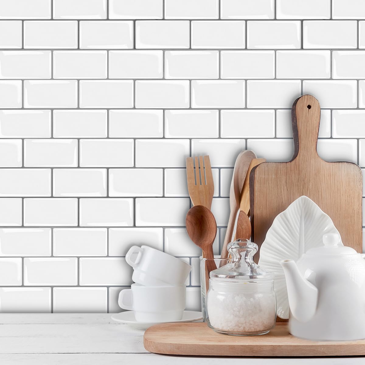 Alwayspon 10 Sheets 25.4x25.4cm Real 3D Effect Vinyl Wall Tile Transfers Sticker, Peel and Stick Self-Adhesive Waterproof Splashback Stick on Tiles for Kitchen Bathroom Wall, White