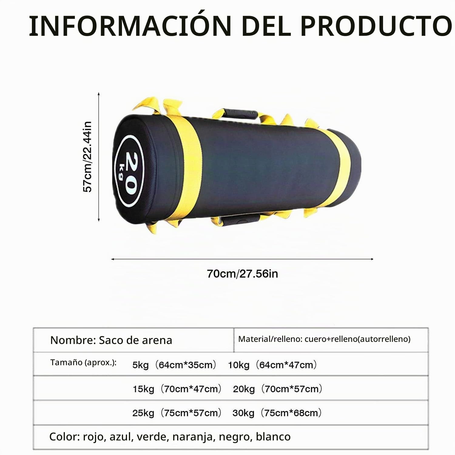 Sandbag Fitness Pesas Ajustables Bolsa de Arena Con 6 Asas Bolsas de Arena Entrenamiento Muy Adecuado Levantamiento de Pesas, Correr ,Yoga, Mancuernas Power Bag ,(empty leather),Yellow 20kg