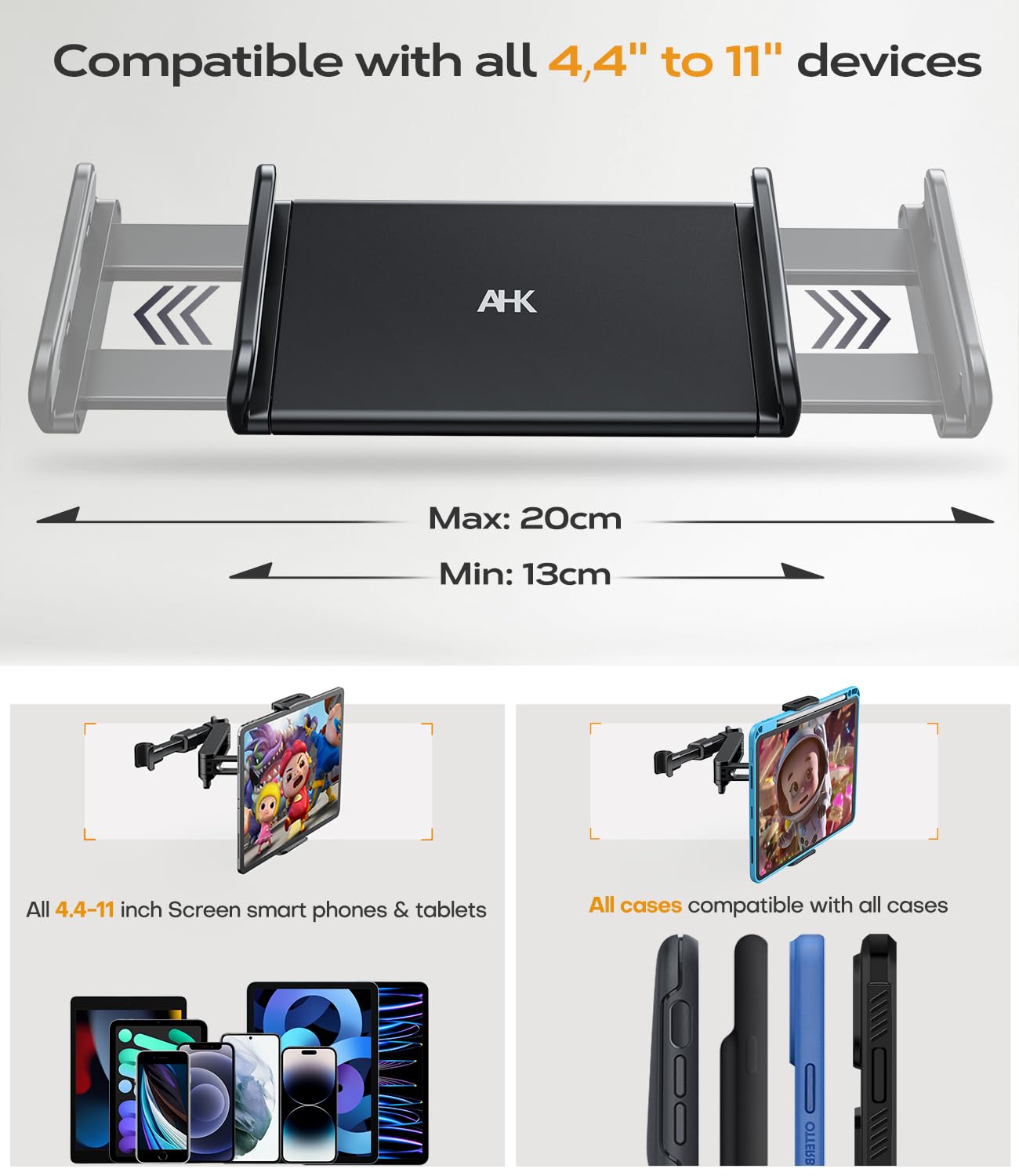 AHK Support Tablette Voiture, Extensible Support de l'appuie-tête de Voiture Rotation à 360 degrés pour 4,4 à 11 Pouces iPad, Galaxy Tab, Huawei Mediapad, Switch