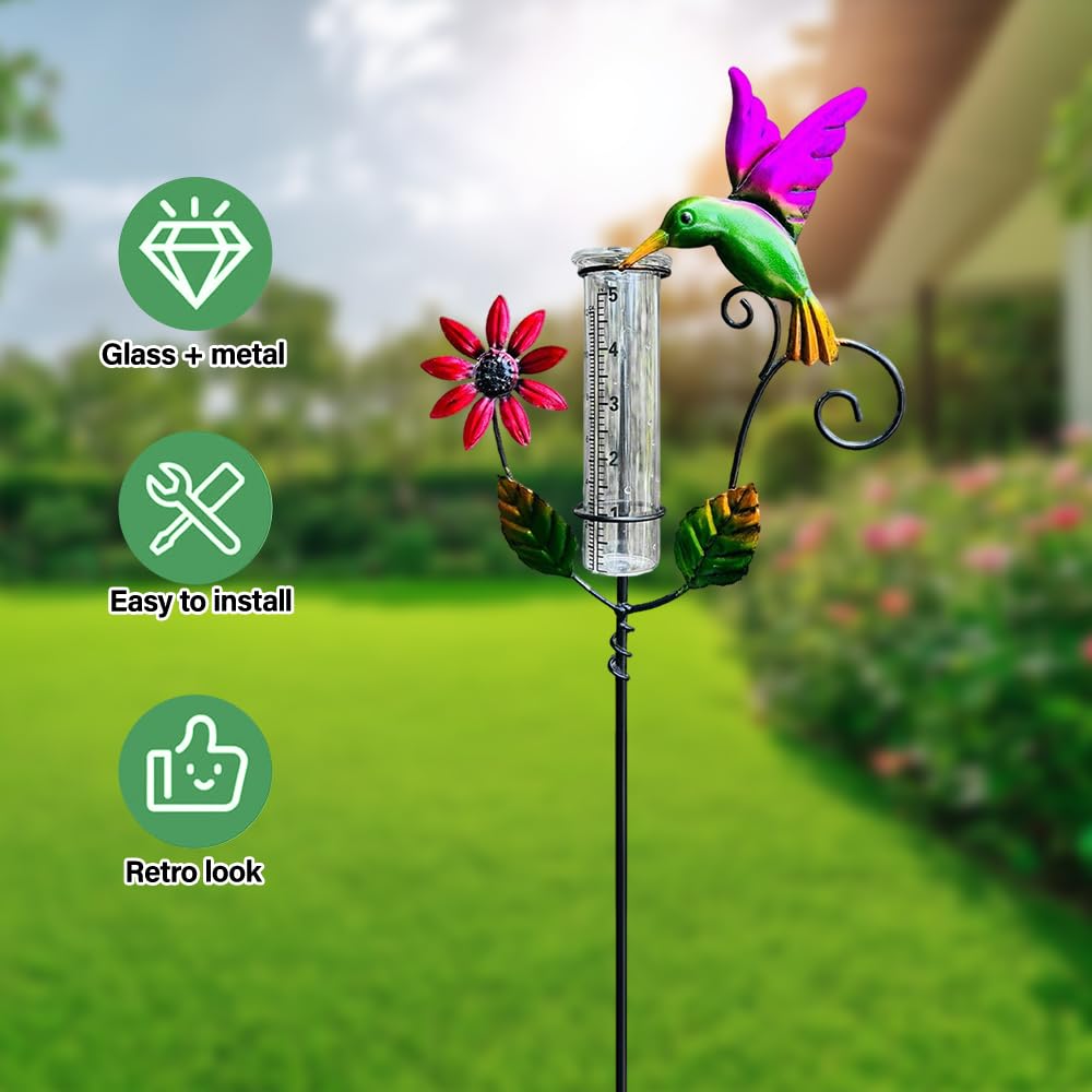 RNPKZ Regenmesser für Garten Frostsicher, Outdoor Regenmesser Glas Regenwassermesser, Vogel Regenmengenmesser mit Erdspieß Metall, Niederschlagsmesser, Regenmesser für Garten, Rasen, Terrasse (Bunt) - 5