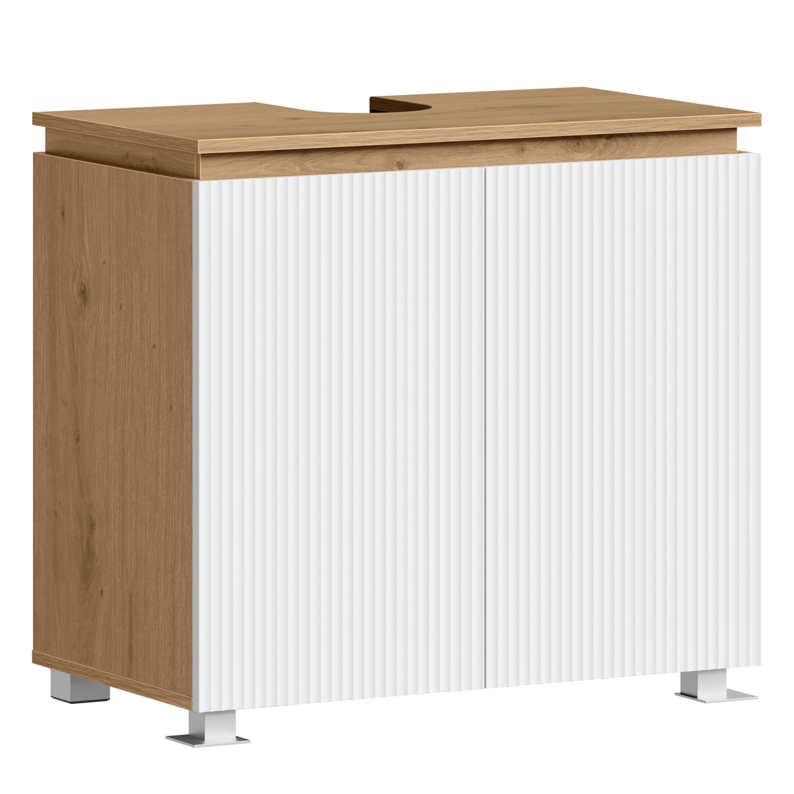 EUGAD Waschbeckenunterschrank, Badezimmerschrank, 2 Fächer hinter den Türen, mit verstellbarem Einlegeboden, 70 x 40 x 65 cm, Weiß und braune Holzoptik
