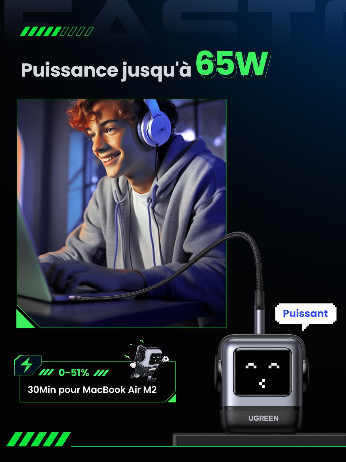 UGREEN Uno 65W 3 Ports Chargeur USB C Rapide GaNFast en Forme de Robot Mignon Compatible avec iPhone 17 Pro Max Air 16 15 14 13 Pixel Galaxy PSS 45W 25W S25 S24 S23 iPad MacBook Pro Air (Noir)