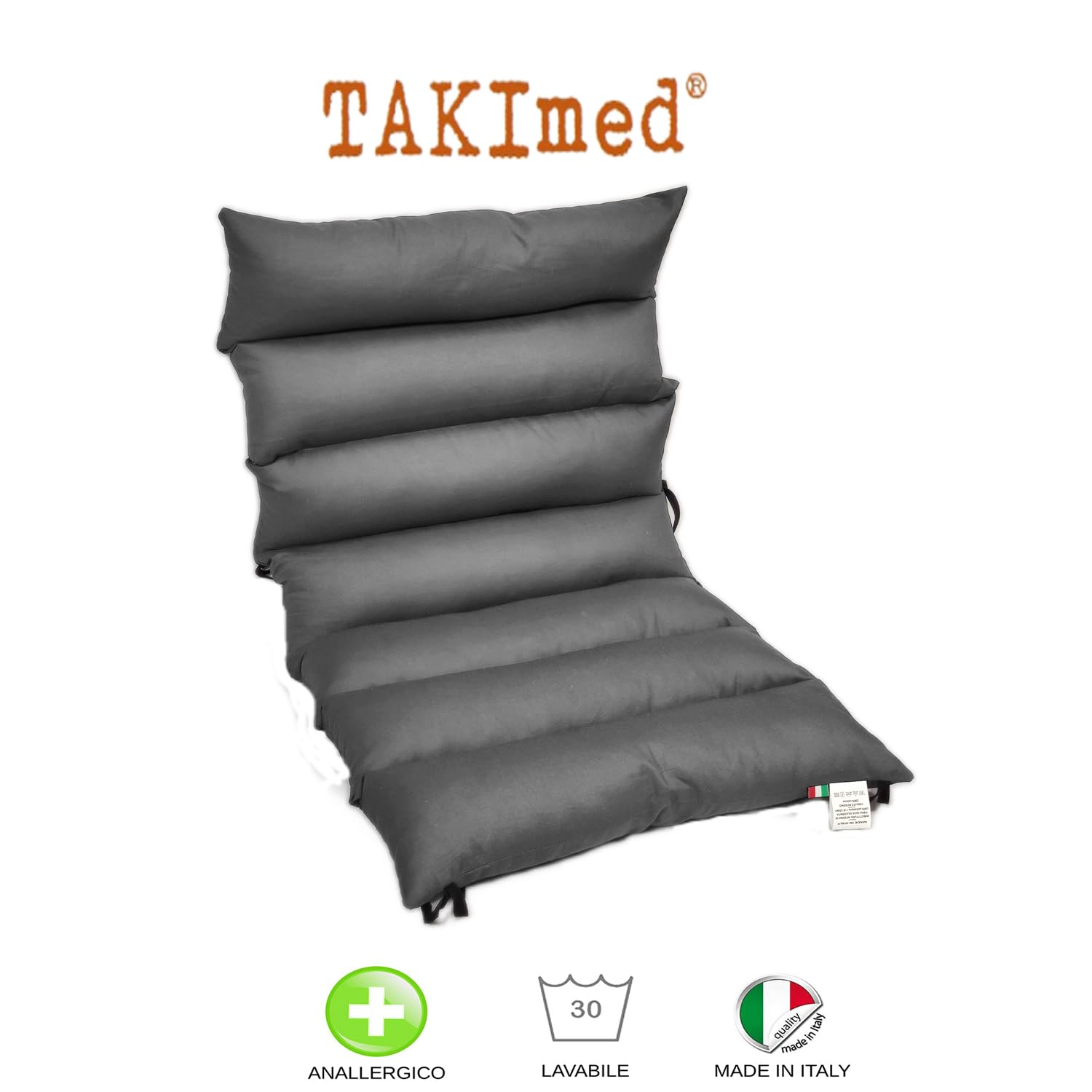TAKIMED Cuscino Stuoia Coprisedia per sedia a rotelle In Fibra Cava Siliconata, Cuscino con Schienale Antidecubito lungo Ortopedico per Carrozzina. Prodotto Italiano (Grigio)