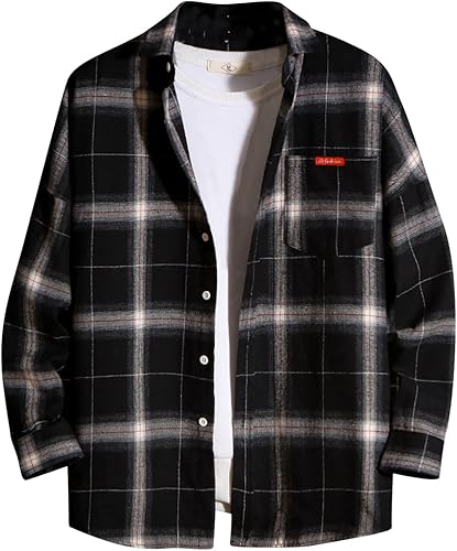 Camisas a cuadros para hombre, estilo casual, de moda, de manga larga, abrigos holgados, con botones, cuello abatible, blusa