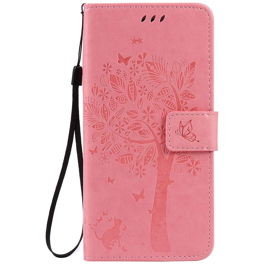 C-Super Mall-UK iPhone 7 Case, Embossed Tree Cat Butterfly Pattern PU Leather Wallet Stand Flip Case for iPhone 7 (4.7") (Pink)