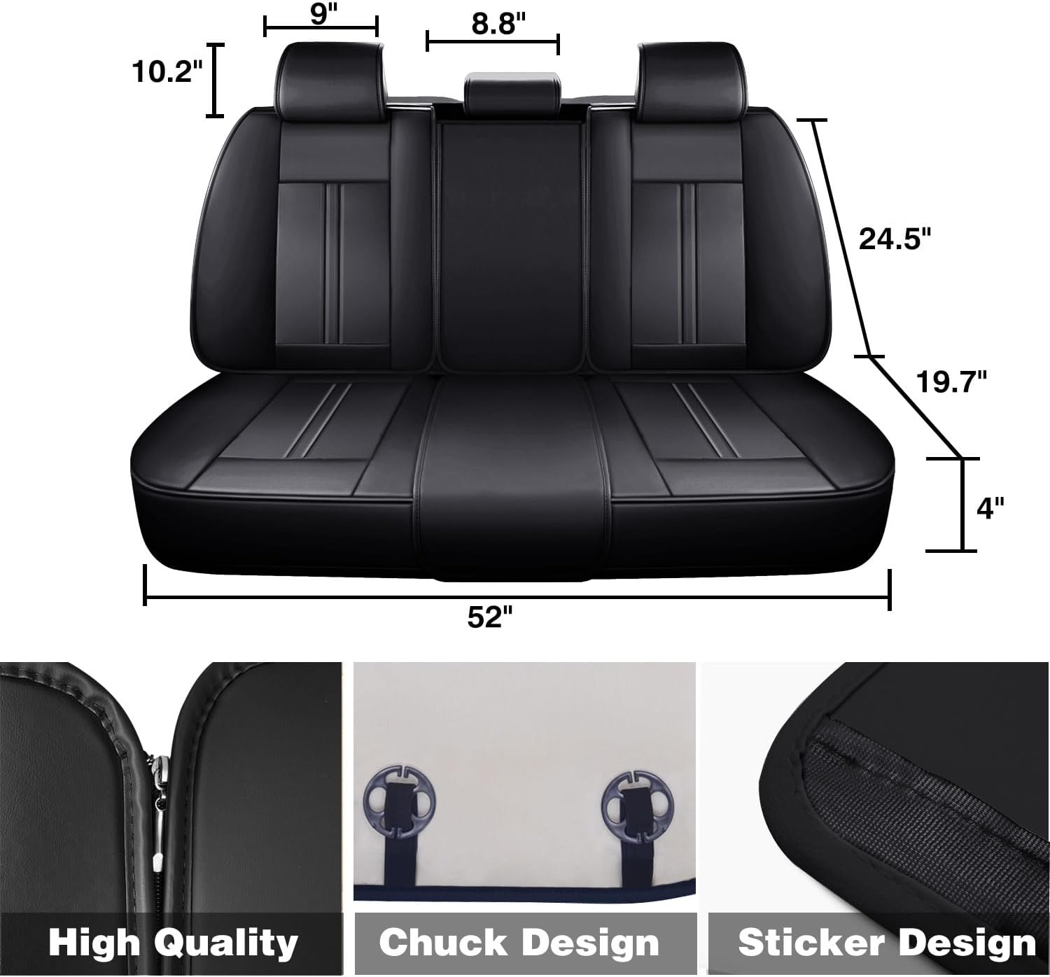 Foneso Universal Car Seat Covers 5 Seats, Nappa Leather Automotive Seat Covers Non-Slip Vehicle Accessories, Waterproof Seat Protector Fit for Sedan, Airbag Compatible,Back Support (Black, Full Set)