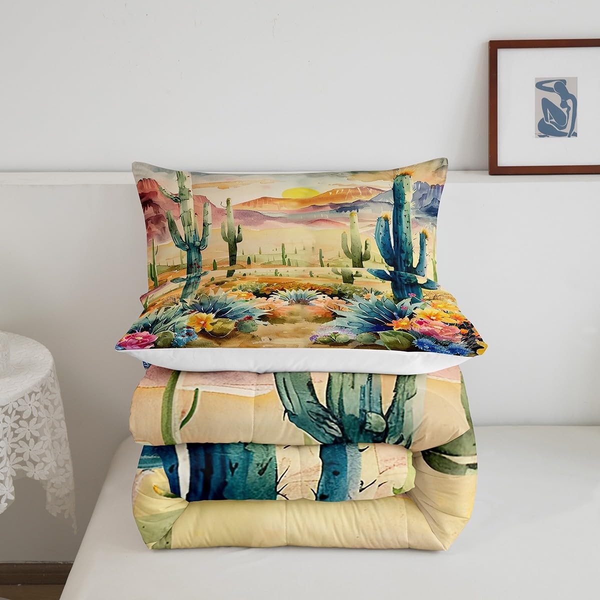 Watercolor Desert Bedding Set Queen Size Green Cactus Plant Comforter Southwest Style Sunset Comforter Set Orange Green Duvet Set 3Pcs for Boys Girls Quilt Set 1 Comforter Set with 2 Pillowcase