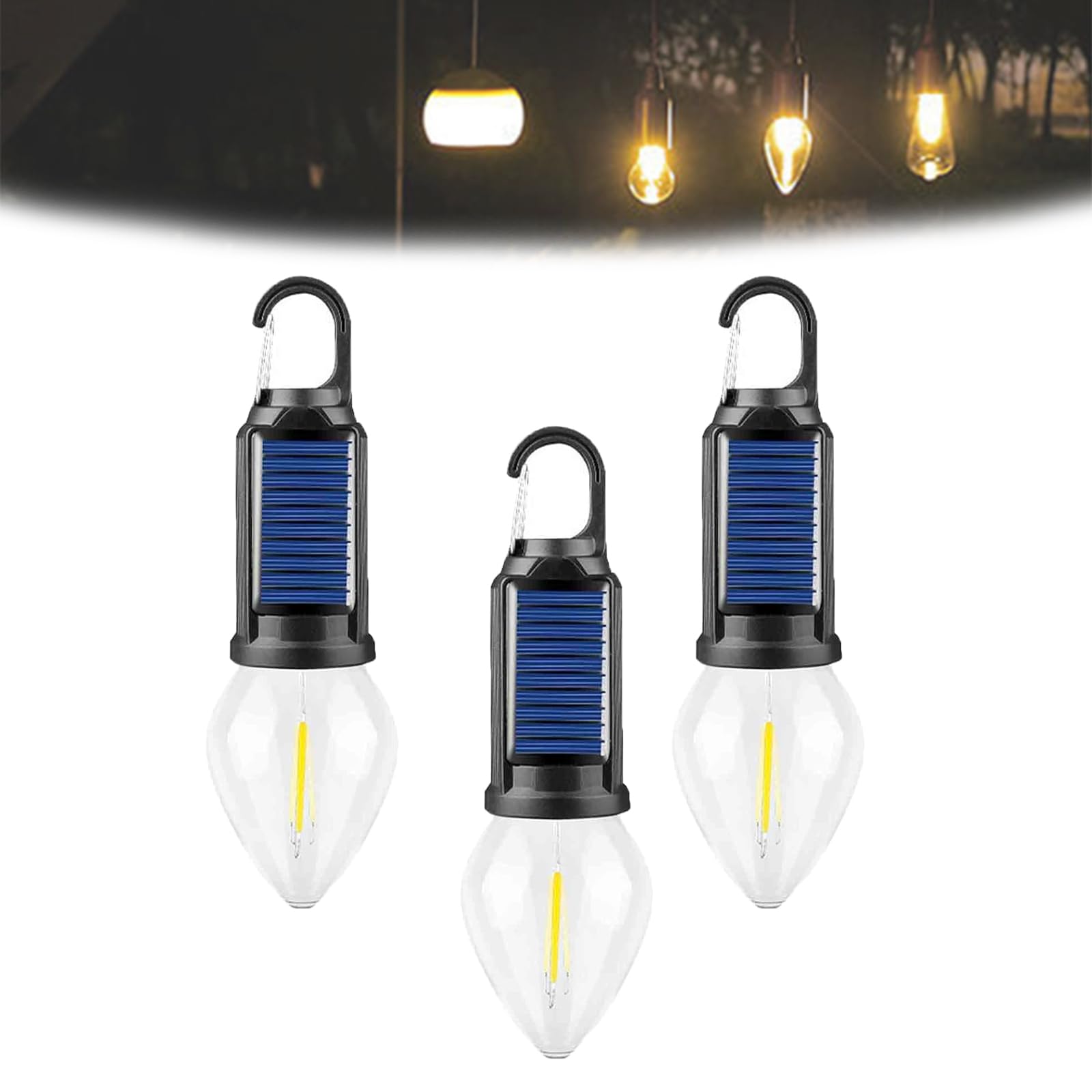 Shineshore Solar Rechargeable Hooked Camping Light, 2025 New Outdoor Waterproof Solar Tent Lights USB Rechargeable Led Camping Lantern with Clip Hook for Fishing, Decorations Hanging (Conical*3)