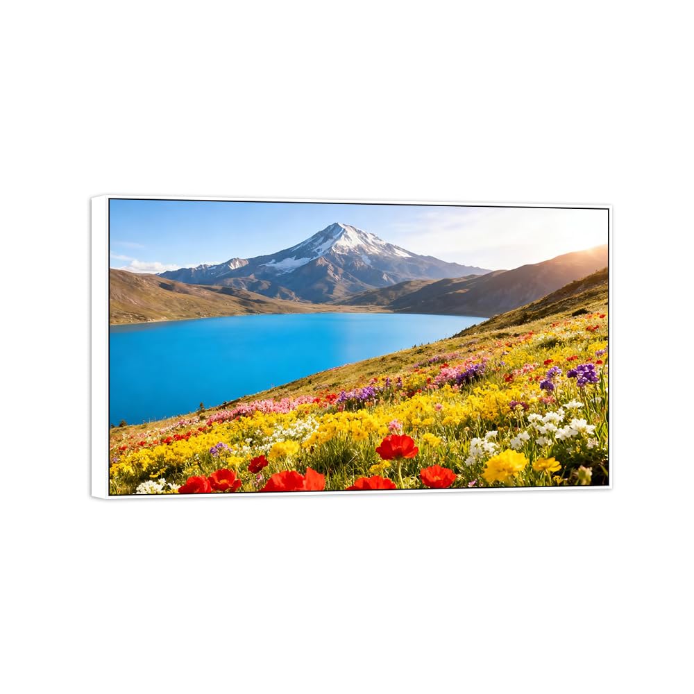 OZPWBVY Landscape Canvas Prints Flowers Lake Home Decor 40x70cm White Frame
