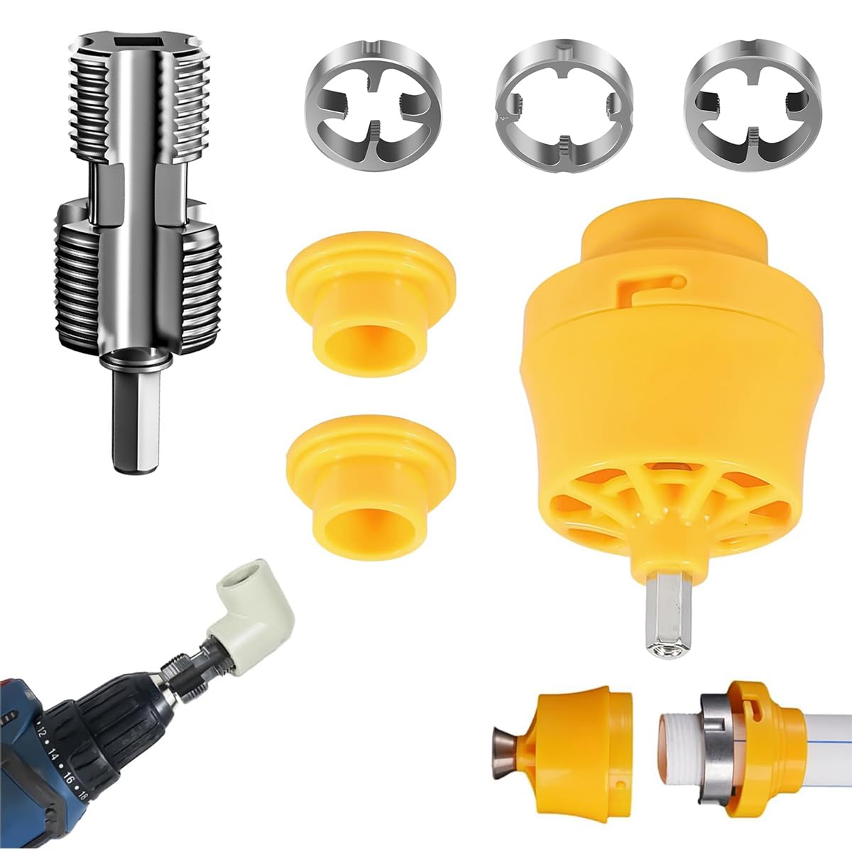 Serplex® Electric Drill Pipe Threader Tool Kit with 3 Dies (1/2", 3/4", 1"), Durable PVC Plumbing Thread Maker for Leak-Proof Connections, Universal NPT Fit for Outside and Inside of Pipes