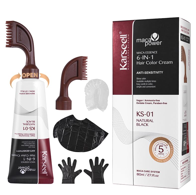 Karseell Hair Dye, Black Hair Dye with Comb Applicator, Maca essence 6-IN-1 Ammonia Free No Mix Hair Color for 100 Percent Gray Coverage Hair Dye, 80ml-Black