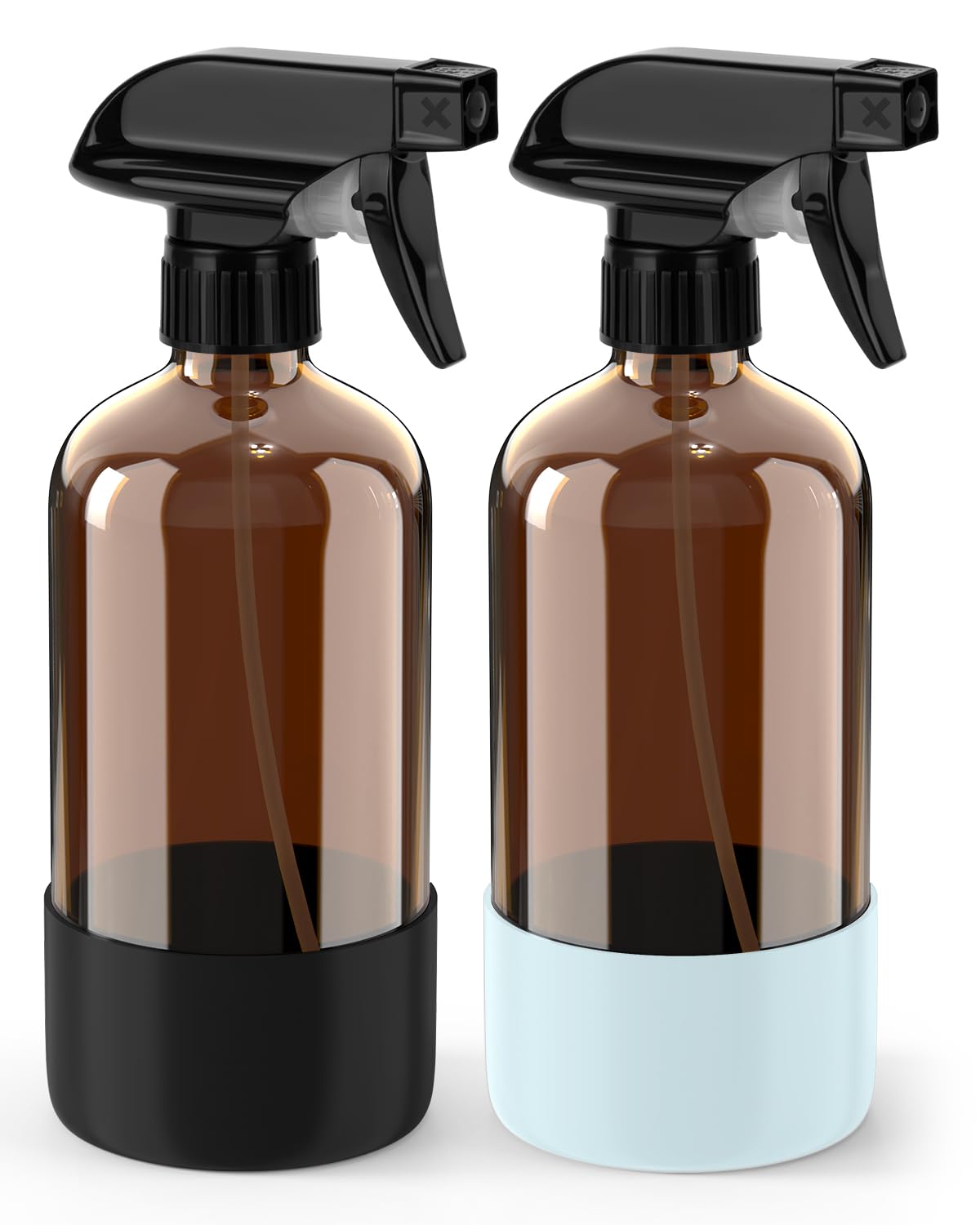 Glass Spray Bottle with Silicone Sleeve Protection, Amber Glass Spray Bottle Set for Non-toxic Window Cleaner Aromatherapy Facial Hydration Watering Flower Hair Care 2 Pack/16 oz (Black&Blue)-image-44