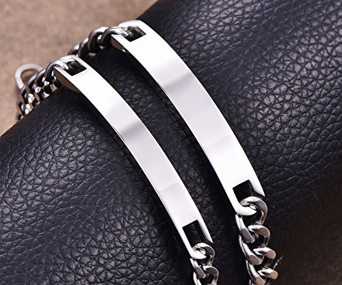NEHZUS Personalized Stainless Steel ID Bracelet Set, His and Hers Couples Jewelry, 316L Steel Chain with Cubic Zirconia, 7.87-8.66 Inches (Silver Couple) - Thumbnail 2