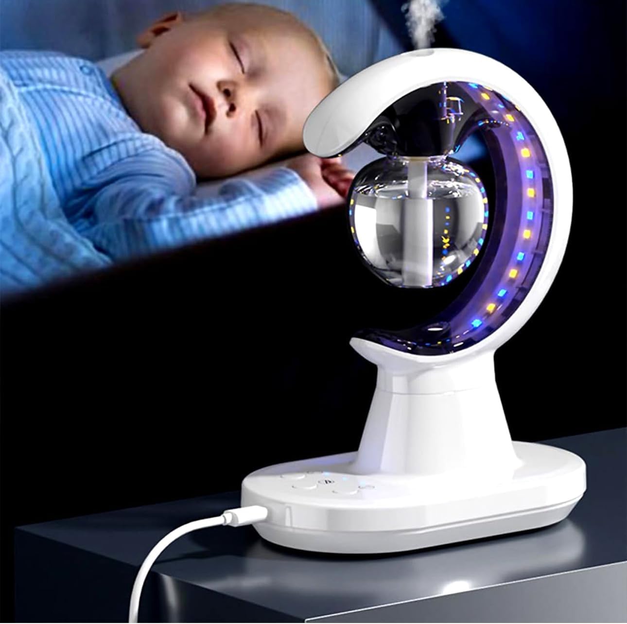 LED Crescent Moon Night Light, USB-Powered, with Colour-Changing Effects, White