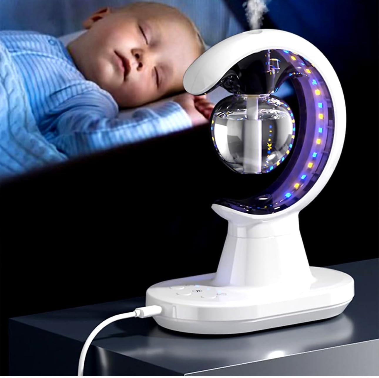 LED Crescent Moon Night Light, USB-Powered, with Colour-Changing Effects, White