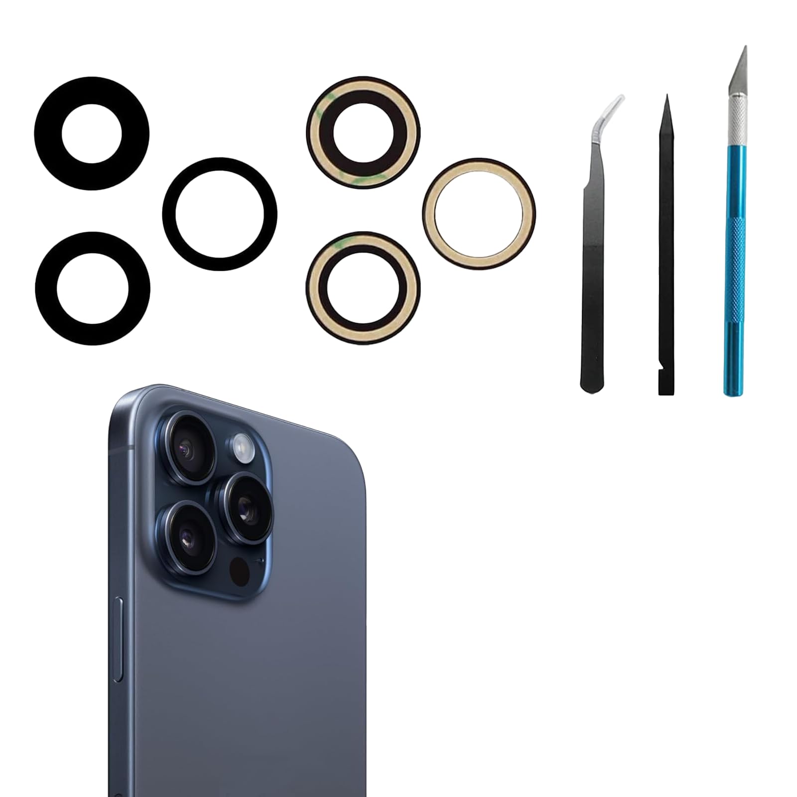 3pcs/Set Back Camera Lens Glass Replacement for iPhone 15 Pro 6.1inch Camera Lens Replacement with Pre-Installed Adhesive + Repair Tool Kit, Anti-Lens