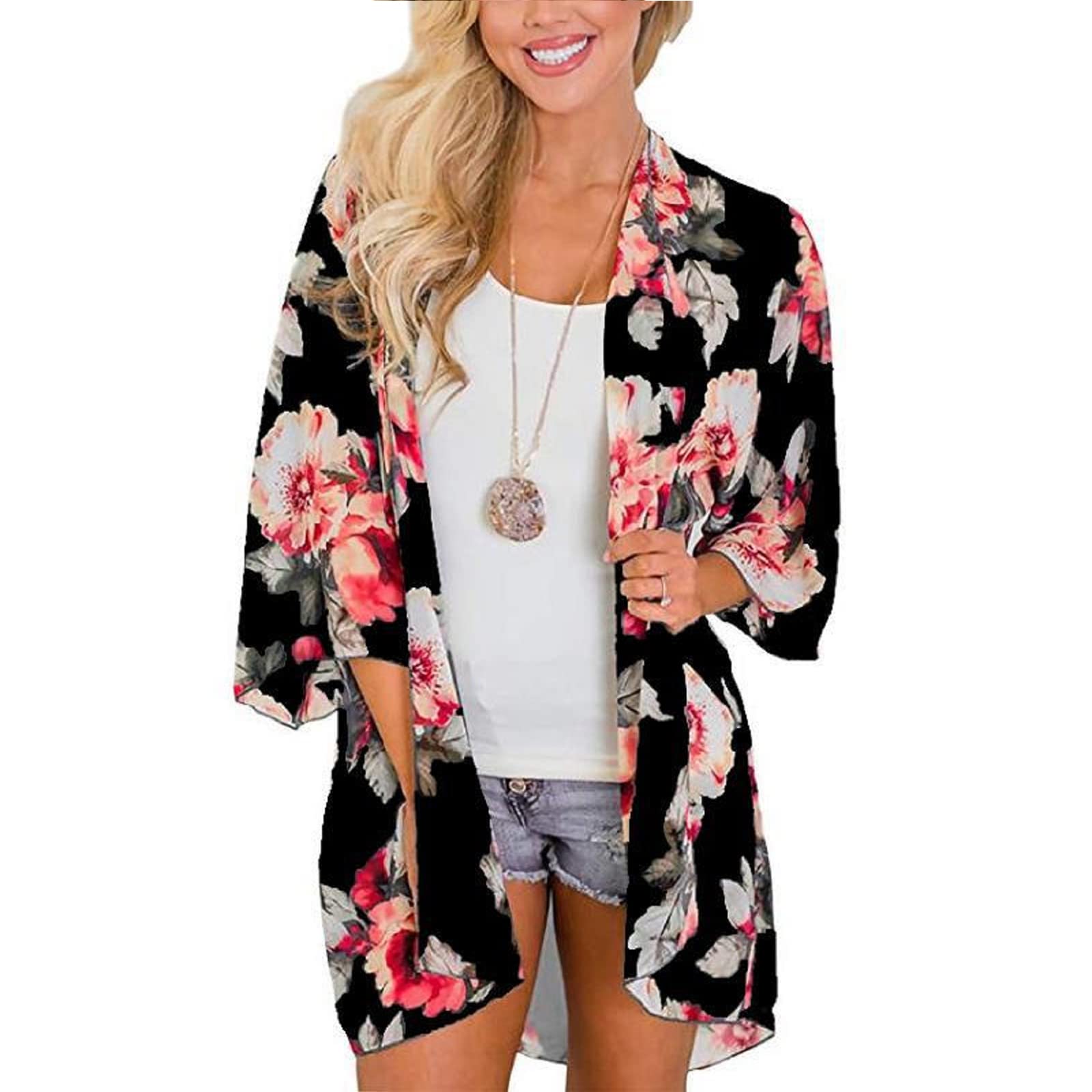 Jarseila Cárdigan Kimonos Mujer Corto Pareos Playa Casual 3/4 Tops Blusa Gasa Cárdigan Floral Bikini Cover Up Blusa Informal Top Verano 2024