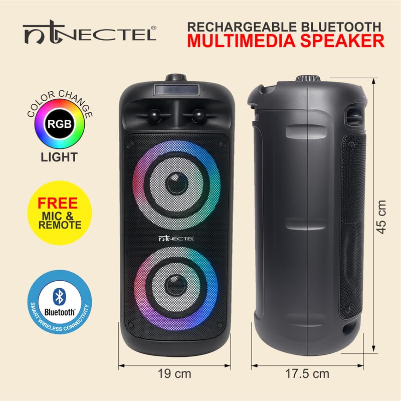 Image of 50W Portable Multimedia Bluetooth Speaker with Dual 4 inch Drivers, RGB Lights, Mic Input, USB /TF /FM /AUX, TWS, Remote, Built‑in Rechargeable Battery for Party use (3H Playtime)