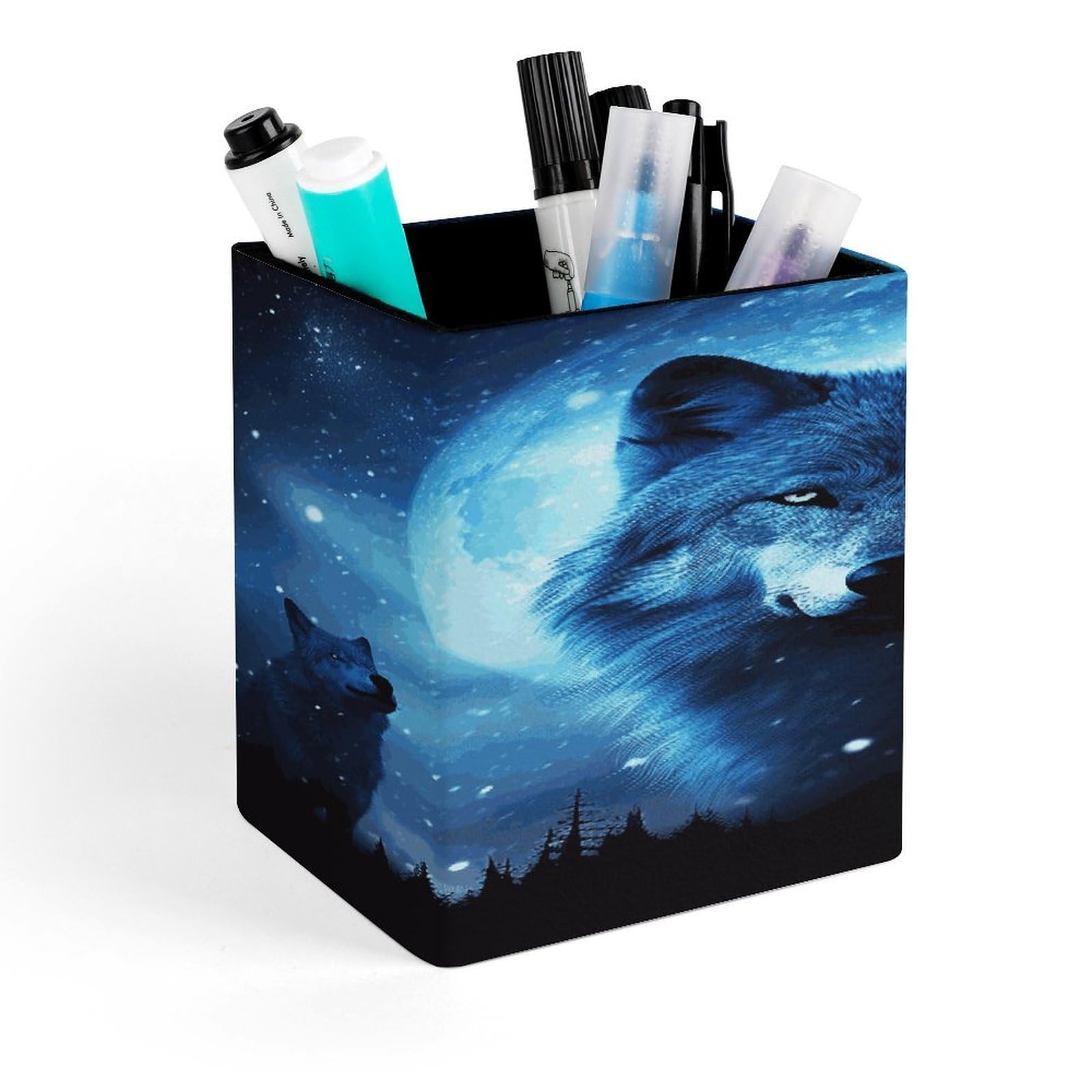 LZQPOEAS Wolfs Square Pen Pencil Holder PU Leather Pencil Cup Desktop Stationery Organizer Office Accessories Container